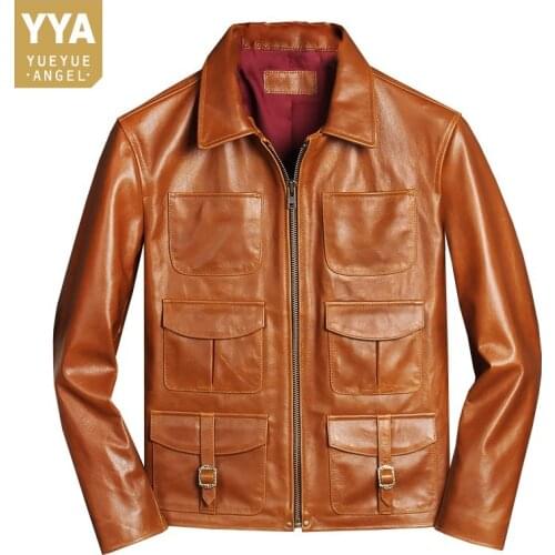 Genuine Leather Biker Jacket Mens 2021 Autumn New Turn-Down Collar Zippers Pockets Slim Solid Japanese Style Fashion Short Coat