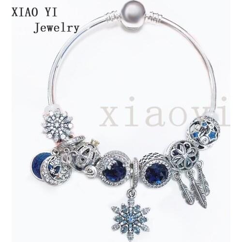 XIAOYI 2020 new 100% s925 Blue Star Moon carriage dream snowflake charm wedding high quality Bracelet DIY birthday gift female