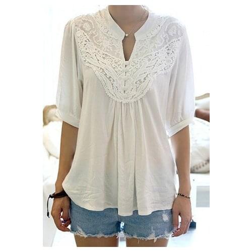 New Fashion Women Stylish Grace Lace Splicing Crochet Flower Half Sleeve Casual T Shirt Plus Size Tops White