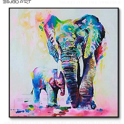 Excellent Artist Hand-painted Psychedelic Color Elephants Oil Painting on Canvas Handmade Modern Elephant Animal Oil Painting