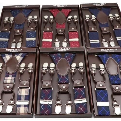 Gift Box Suspenders Black Leather 6 Clips Braces Vintage Casual Suspensorio Tirante Trousers Strap Bretele Father/Husband