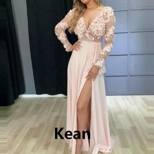 See Though Slit Evening Dress Applique v-neckline Special Occasion robe soiree Islamic Dubai Kaftan Saudi Arabic Prom Gown