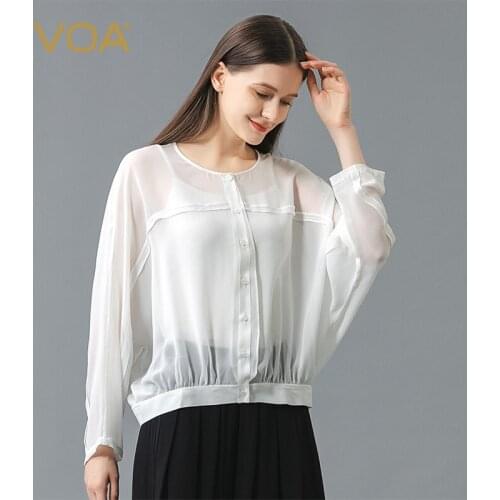 VOA Silk Georgette Sexy Translucent White Womens Tops Single Breasted Female Shirts Batwing Long Sleeve Office Lady Blouse WE111