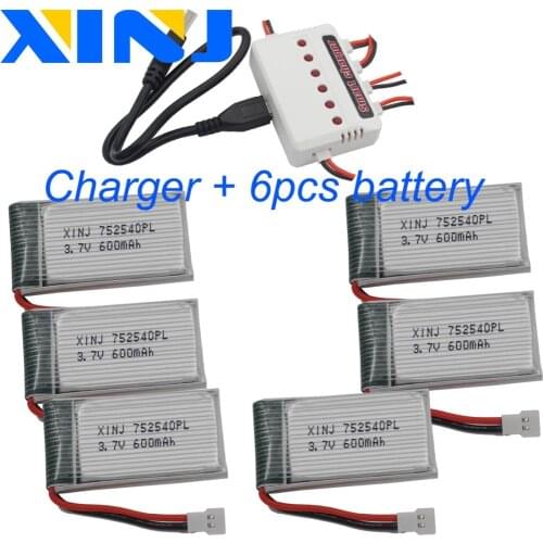 XINJ Charger+6pcs 3.7V 600 mAh 25C Polymer Li-Po battery JST-XH 2.54mm plug 752540 for Syma X5C X5SC TK M80 RC Quadcopter Drone