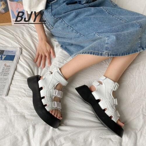 2021 summer new thick-soled sandals womens thick-soled velcro high-top sandals ins tide net red sandals