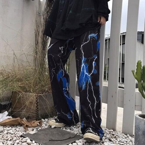 2021 New Retro Lightning Graphic Print Wide Leg Pants For Women Y2k Aesthetic Hippie Streetwear Korean Fashion Oversize Trousers