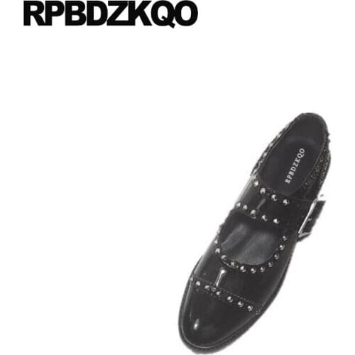 Spring autumn flats round toe metal black rivet genuine leather ladies cowhide stud designer shoes women luxury 2018 patent drop