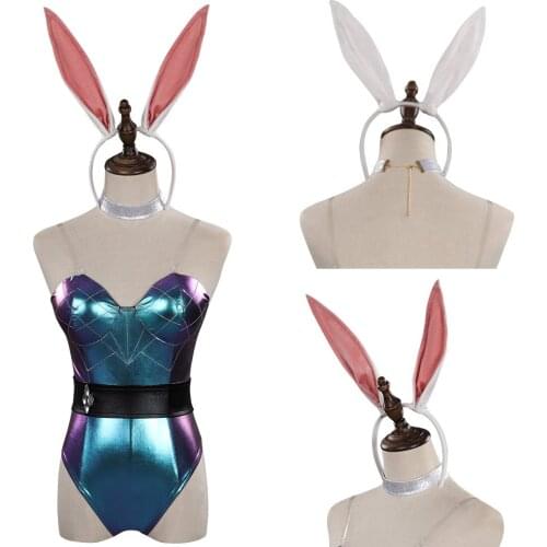 LoL Akali Cosplay Costume Female One Piece Bodysuit Kawaii Rabbit Ears Jumpsuit Outfit For Women Girl