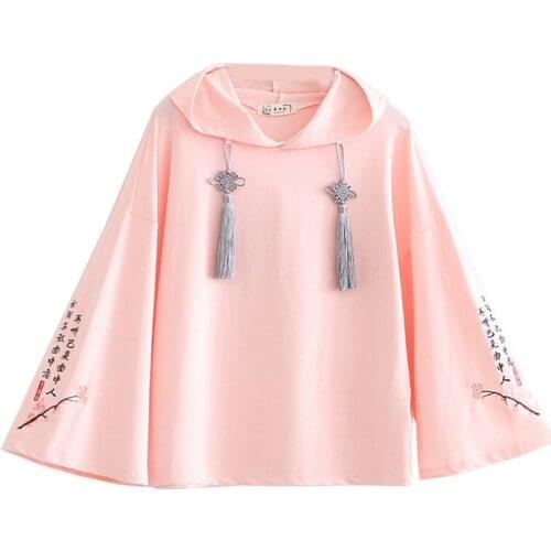 Chinese Style Floral Embroidery Kawaii Hooded Sweatshirts Women Mori Girl Letter Tassel Cotton Long Sleeve Cute Pink Hoodies