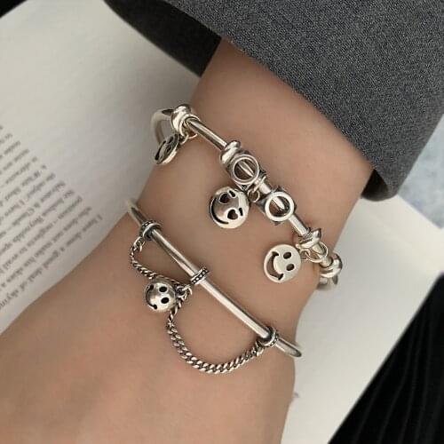 Silver Bracelet for Women Smile Face Opening Adjustable Retro Women 925 Silver Bracelet Charm Bangle Anniversary Jewelry