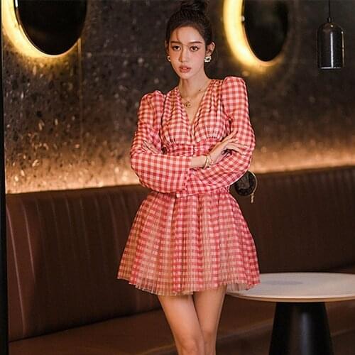Spring Summer Women Mini Dress V Neck Red Plaid Mesh Spliced Dress Puff Long Sleeve Sexy Feminine Dresses Vestidoes SY052