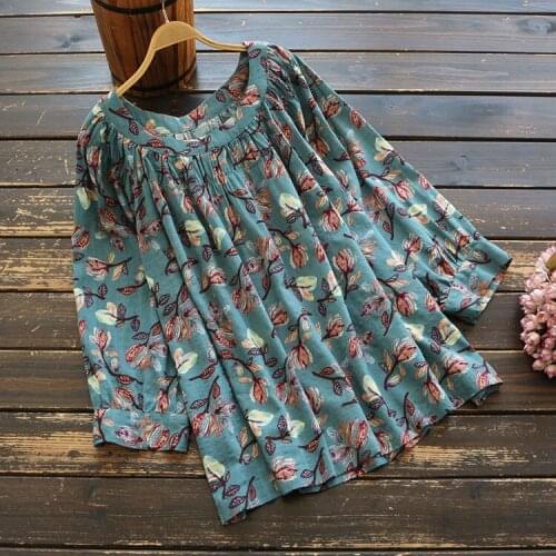 5859 Spring Women Blouse Literary Vintage Printing Lantern Sleeve O-Neck Nine Quarter Sleeve Pullover Cotton Shirt Women Tops