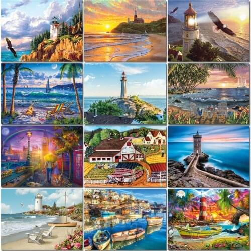 5D Drill Embroidery Landscape Coast Villa Diamond Painting Cross Stitch Mosaic Pattern Full Round Rhinestone Home Decor Rp083
