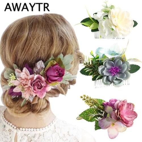 AWAYTR Fabric Hair Comb Handmade Wedding Bride Hair Comb Flower Headdress Elegant Headwear Beach Wedding Hair Accessories