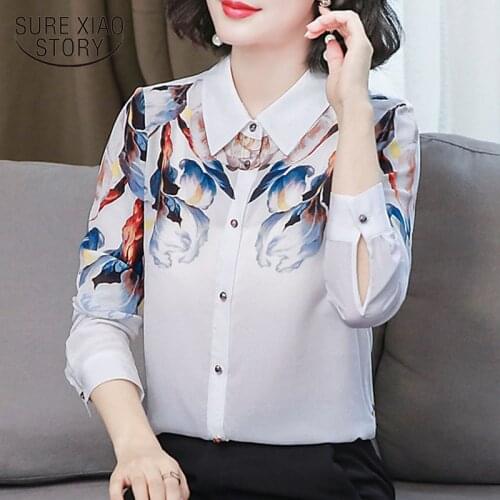White Silk Shirt Womens Long-Sleeved 2020 New Spring and Autumn Elegant Retro Printed Mulberry Silk Shirt Chemisier Femme 10720