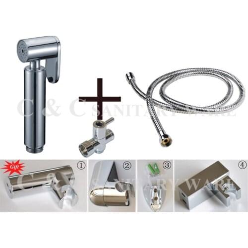 Free Shipping Brass Shattaf Bidet + T-adapter + Hose + Holder Toliet Shower Wall Mounted Chrome A2011ST