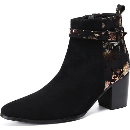 Winter men boots Pointed Toe black boots retro pattern Mens Dress Boots Genuine leather Fashion high heel Side zipper 39-46
