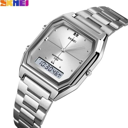 SKMEI 1612 Silver Women Men Watch Square Steel Waterproof Digital Dual Time Sport Watches Famale Colocks relogio vintage