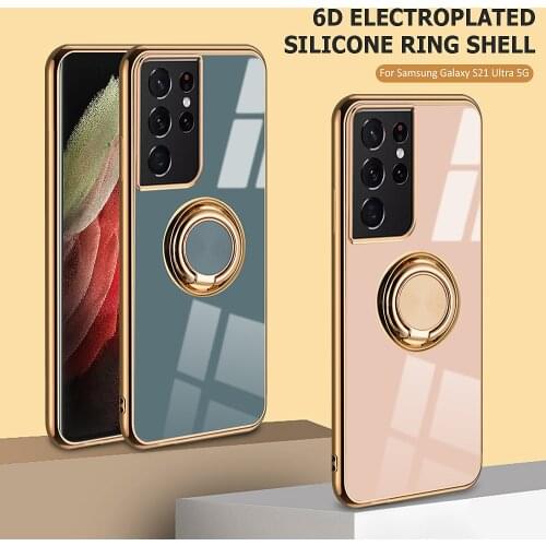 Plating Phone Case For Samsung S21 Ultra S20 Plus Note 20 Ultra A52 A72 A32 A42 Magnetic With Finger Ring Holder Soft Back Cover