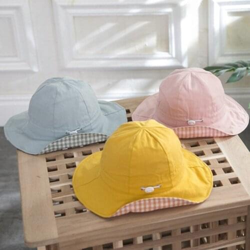 Double Sided Kids Bucket Hat Summer Outdoor Toddler Girls Sun Hat Plaid Solid Color Children Cotton Panama Cap