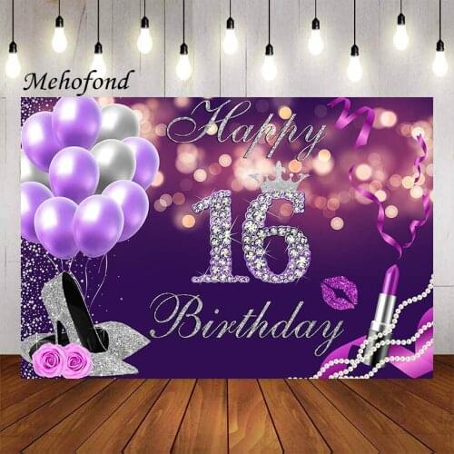 Mehofond Photography Background Purple Golden Sweet 16t High Heels Ribbons Lipstick Girls Birthday Party Backdrop Photo Studio