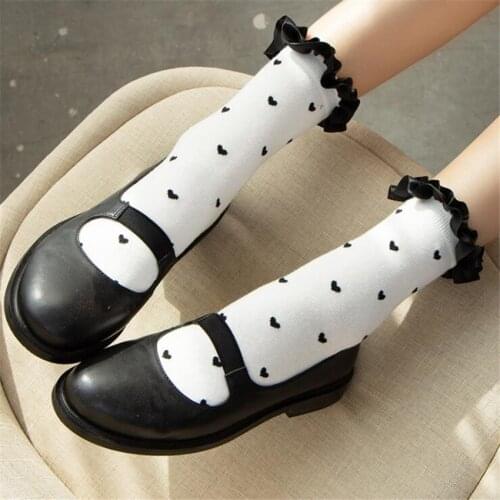 Lolita Girls Ruffle Short Socks Harajuku Cute Heart Printed Lady Princess Socks B1829