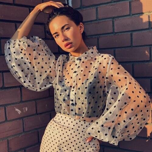 Meihuida Women Sexy Fashion Puff Sleeve V-neck Polka High Street Office Lady Wear Dot See-through Retro Mesh Loose Button Blouse