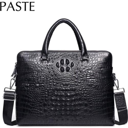 Double Zipper Design Men Office Handbag Genuine Cow Leather Crocodile Pattern Briefcase Shoulder Bag Cowhide Business Laptop Bag