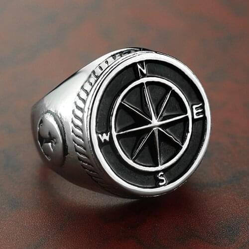 Mens Stainless Steel Compass Sailor Signet Ring Vintage Navy Anchor Nautical Rings Male Punk Biker Jewelry