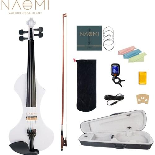NAOMI Electric Violin 4/4 Matte White Full Size Solid Wood Electronic/Silent Violin Set w/ Bow+Case+Tuner+Bridge+Violin Strings