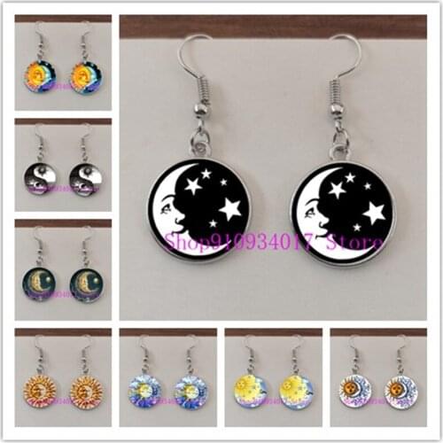 2021 new fashion stars and moon pictures round glass earrings sun painting handmade ladies girl gift round glass earrings