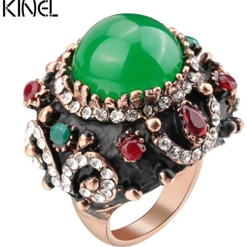 Kienl New Arrival Unique Big Crystal Ring Retro Jewelry Black Enamel Antique Gold Green Wedding Rings For Women Party Best Gift