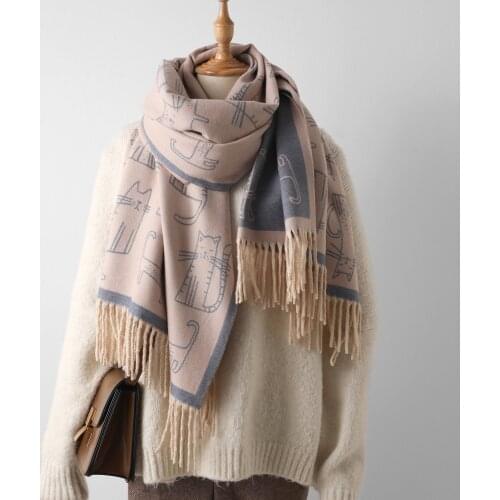 New Warm Tassel Scarf. Womens Cat Printed Imitation Cashmere Cape. Windproof Bib for Cold Autumn and Winter
