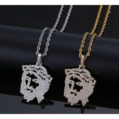 OMYFUN Factory Price Hollow Full CZ Iced Pendant Necklace Jesus Head Bling Jewelry Silver/Gold Color Pendants & Necklaces Bijoux