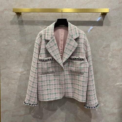 New Designer Womens High quality 100% Silk Lining V-neck Chain Tweed coat C767
