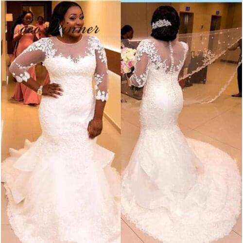 3/4 Sleeves Sheer Neck See Through Africa Mermaid Wedding Dresses 2021 Pure White Color Plus Size Custom Made Wedding Gown W0307