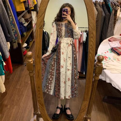 Women Spring Autumn Elegant O-neck Floral Printed Dress Female Long Sleeve A-line Dress New Vintage Lace-Up Fashion Vestidos