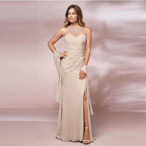 Latest Affordable Chiffon Ice Apricot Sheer O Neck Mother of the Bride Gowns With Shawl Applique Wedding Guest Gowns Side Split