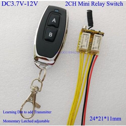 DC 3.7V 4.5V 5V 6V 7.4V 9V 12V Mini 2CH Relay Remote Switch Micro Wireless Switch NO COM NC Relay Receiver + Transmitter Contact