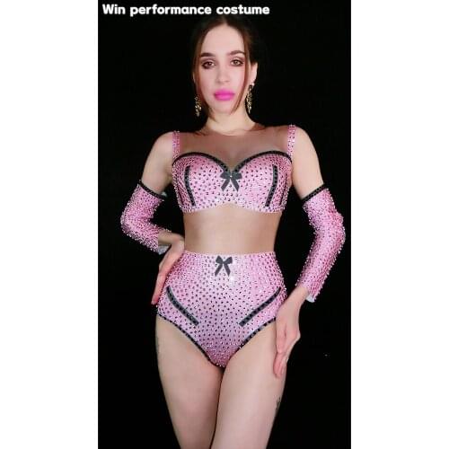 Pink bikini style skin color bodysuit rihnstone diamond cheerleading costume community activity wear gogo dancer singer outfit