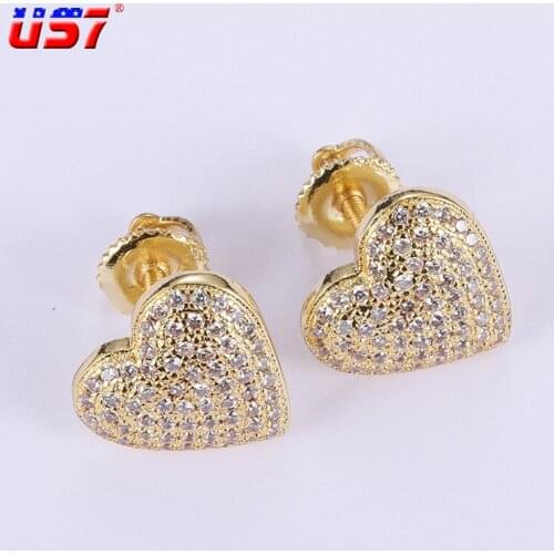 US7 New Heart Shape Studs Earring For Women/Men Iced Out CZ Stones Jewelry Hip hop Jewelry Brass Material