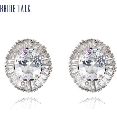 Bride Talk Round Big Crystal Shining Geometric Earrings Trendy Zircon Wedding Engagement Party Clip Earring For Women Jewelry
