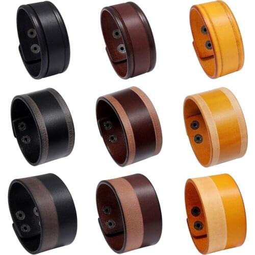 Wide Leather Bracelet Flat Crafts Genuine Leather Snap Button Buckle Cuff Bangle Gift Men Punk Jewelry