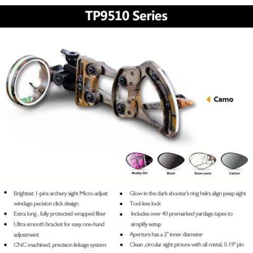 Topoint TP9510 Compound Bow Sight 1 Pin 0.019" Quickly Adjust Detachable Bracket for Archery