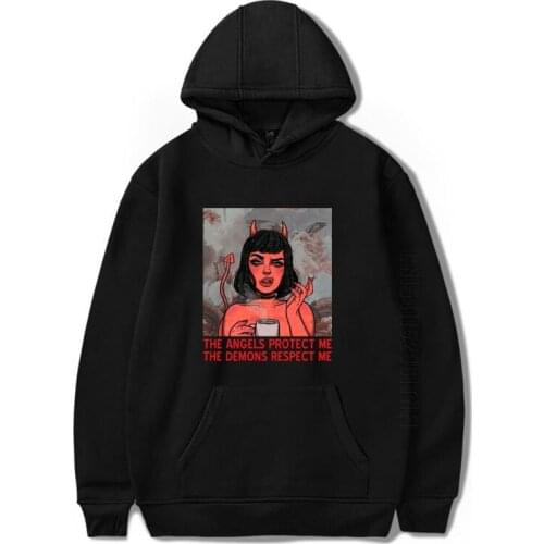 Satan Vintage ANGELS PROTECT ME DEMONS RESPECT ME Funny Hoodie Men Harajuku Unisex Cartoon Mens Hip Hop Streetwear