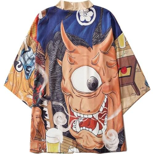 Streetwear Men Women Cardigan Japanese Harajuku Yukata Female Tokyo Traditional Clothing Cartoon Anime One-eyed Monster Kimono