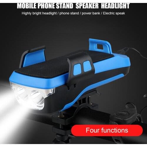 USB Bike Light 4in 1Bicycle Headlight Mobile Phone Holder Power Bank Speaker 3 Lighting Modes Front Lamp Abs Flashlight