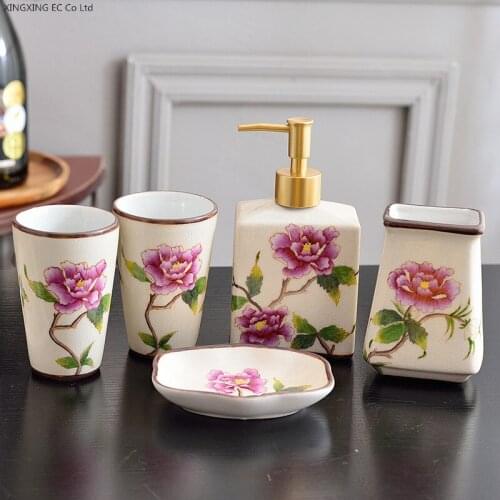 High quality bathroom supplies, toothbrush holder, ice cracked glaze ceramic soap dish hand sanitizer bottle mouthwash cup 5pcs