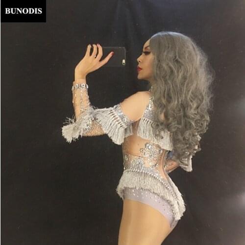 ZD121 Silver Tassel Sparkling Crystals Women Sexy Bosysuit Singer Dancer Stage Wear Costume Celebrate Nightclub Party Catsuit