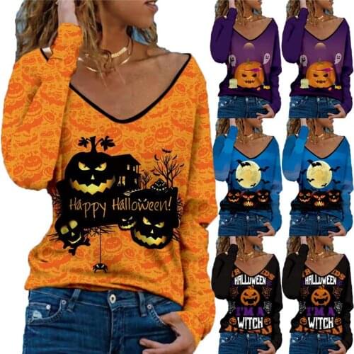 2021 New Autumn Witch Party Halloween T-Shirt Women V Neck Long Sleeve Pumpkin Print Casual Pullover Loose Tops Tee Shirt Woman